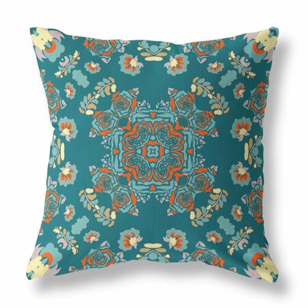 PALACEDESIGNS 16 in. Teal & Orange Wreath Indoor & Outdoor Zippered Throw Pillow Green & Red PA3101085